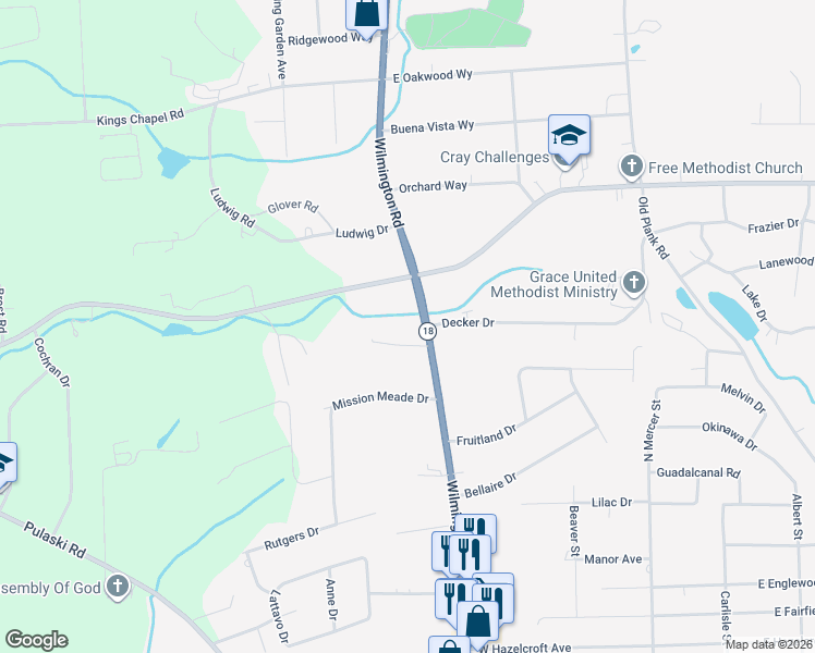 map of restaurants, bars, coffee shops, grocery stores, and more near 2629 Wilmington Road in New Castle
