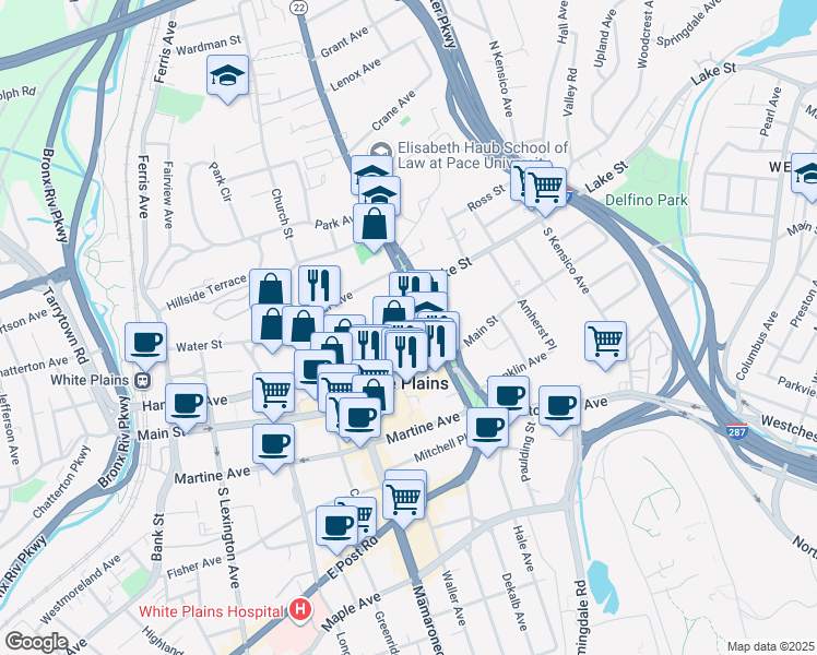 map of restaurants, bars, coffee shops, grocery stores, and more near 445 Hamilton Avenue in White Plains