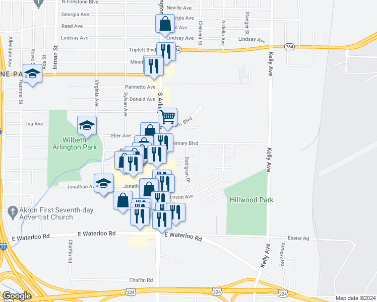 map of restaurants, bars, coffee shops, grocery stores, and more near 1327 Dahlgren Drive in Akron