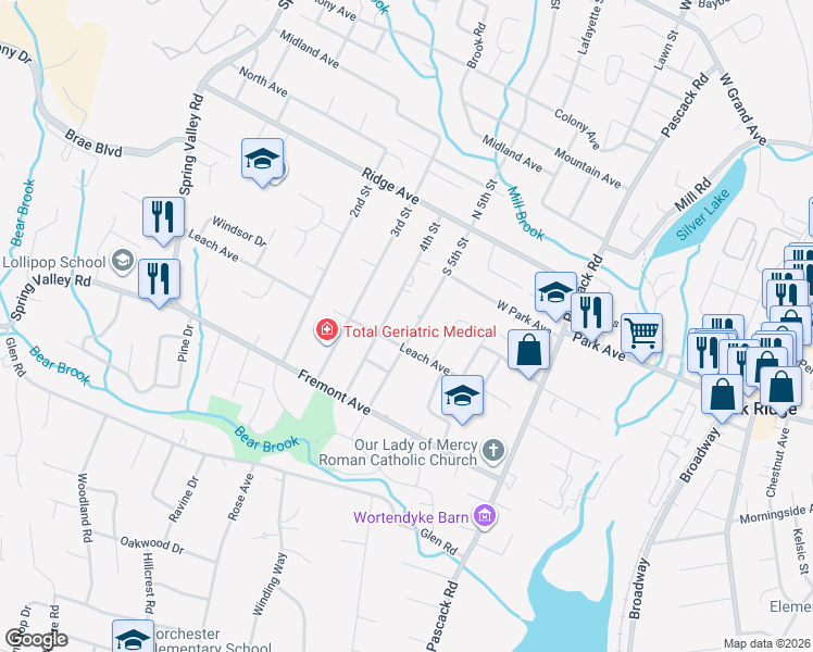 map of restaurants, bars, coffee shops, grocery stores, and more near 45 4th Street in Park Ridge