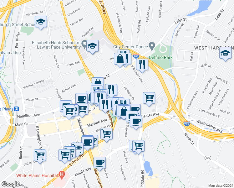 map of restaurants, bars, coffee shops, grocery stores, and more near 345 Main Street in White Plains