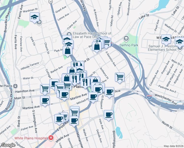 map of restaurants, bars, coffee shops, grocery stores, and more near 16 North Broadway in White Plains