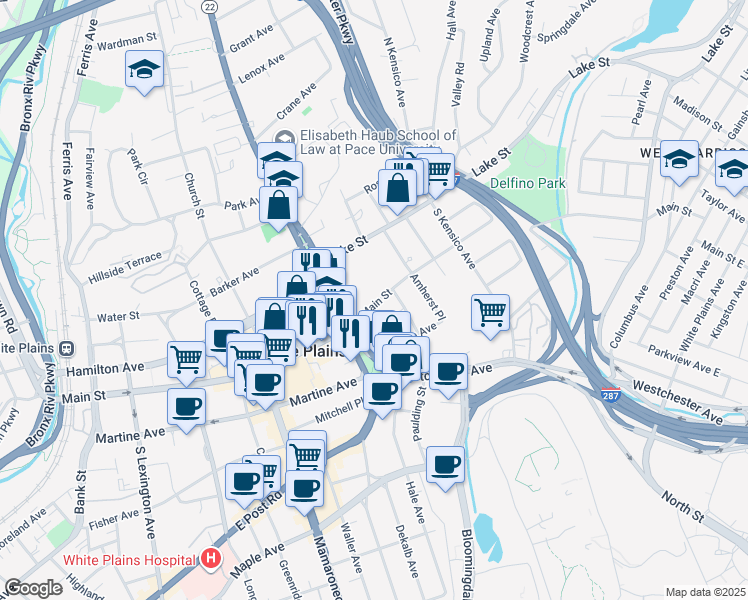 map of restaurants, bars, coffee shops, grocery stores, and more near 16 North Broadway in White Plains