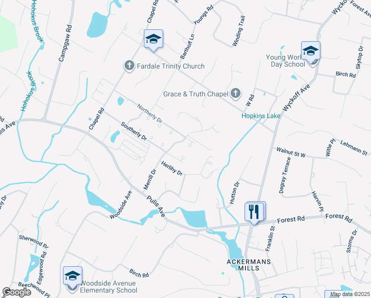 map of restaurants, bars, coffee shops, grocery stores, and more near 43 Merrill Drive in Mahwah