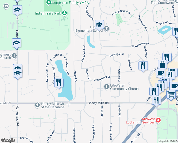 map of restaurants, bars, coffee shops, grocery stores, and more near 9910 Berkshire Lane in Fort Wayne