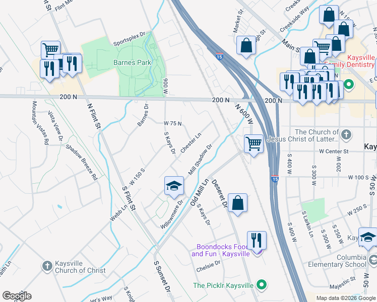 map of restaurants, bars, coffee shops, grocery stores, and more near 845 Chester Lane in Kaysville