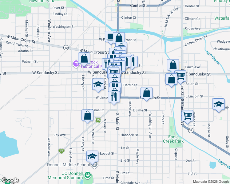 map of restaurants, bars, coffee shops, grocery stores, and more near 618 South Main Street in Findlay