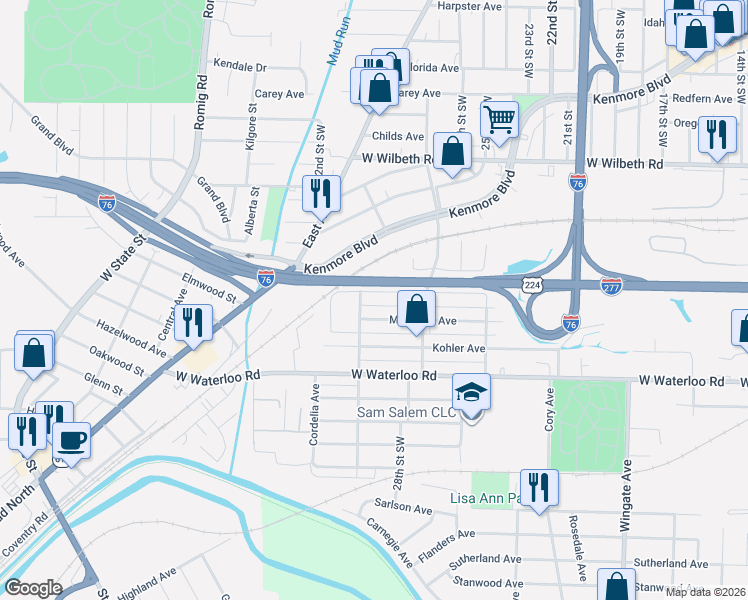 map of restaurants, bars, coffee shops, grocery stores, and more near 1274 Welsh Avenue in Akron