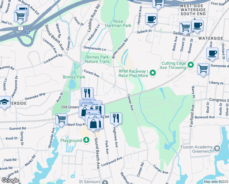 map of restaurants, bars, coffee shops, grocery stores, and more near 51 Forest Avenue in Greenwich