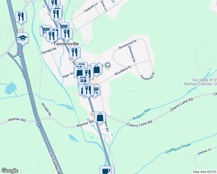 map of restaurants, bars, coffee shops, grocery stores, and more near 246 Learn Road in Tannersville