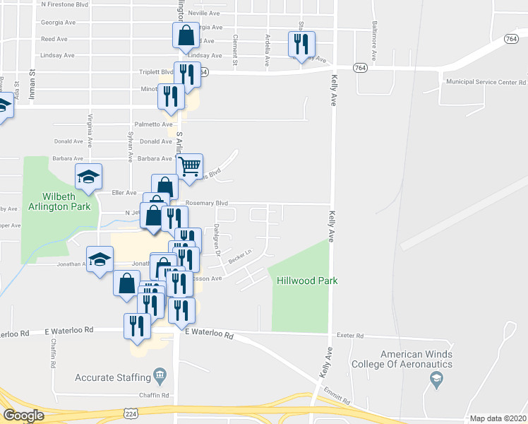 map of restaurants, bars, coffee shops, grocery stores, and more near 1225 Ericsson Avenue in Akron