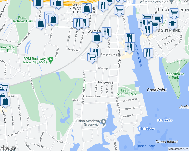 map of restaurants, bars, coffee shops, grocery stores, and more near 18 Melrose Place in Stamford