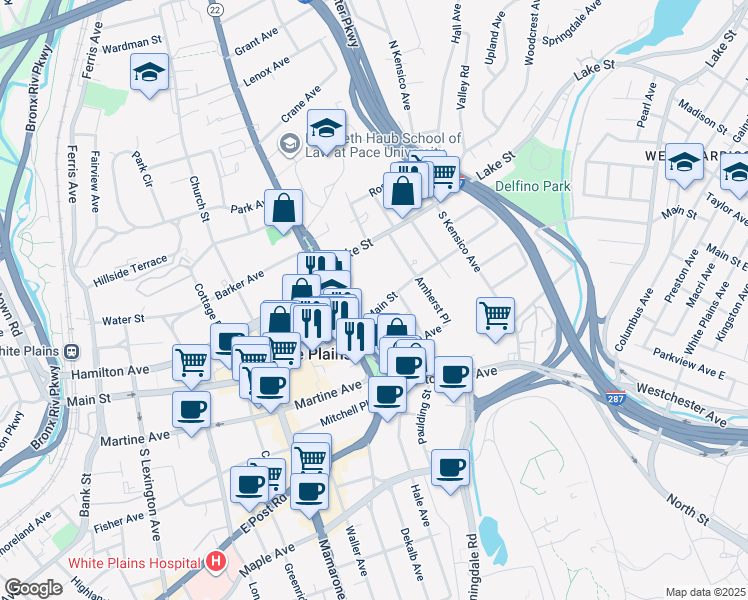 map of restaurants, bars, coffee shops, grocery stores, and more near 16 North Broadway in White Plains
