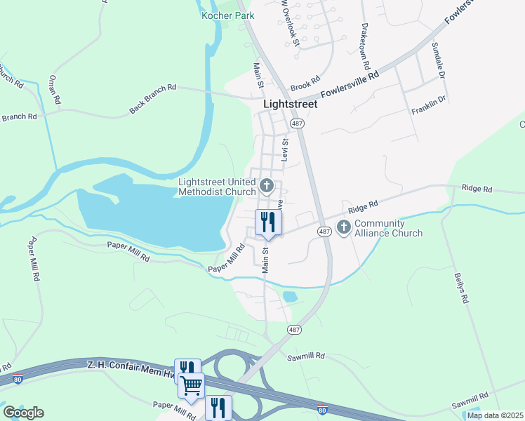 map of restaurants, bars, coffee shops, grocery stores, and more near Church Street in Bloomsburg