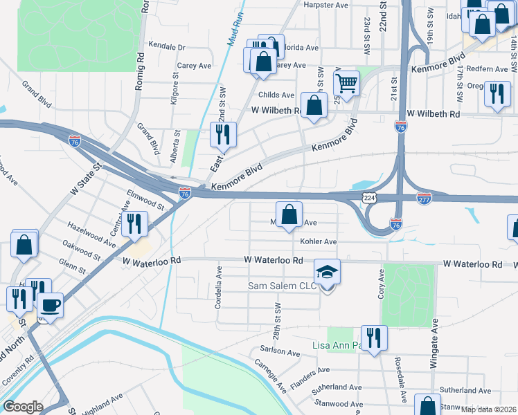 map of restaurants, bars, coffee shops, grocery stores, and more near 1274 Welsh Avenue in Akron