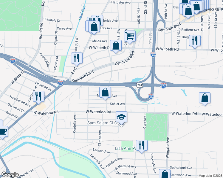 map of restaurants, bars, coffee shops, grocery stores, and more near 1192 Welsh Avenue in Akron