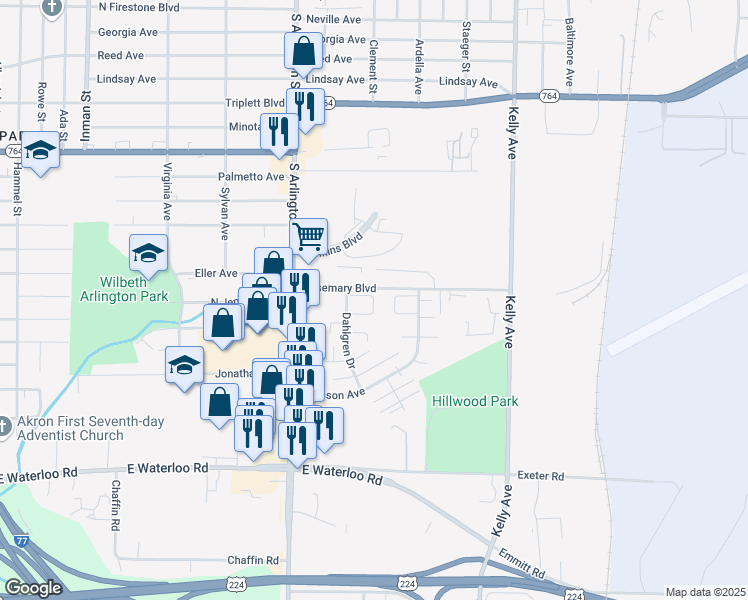 map of restaurants, bars, coffee shops, grocery stores, and more near 1083 Super Genius Circle in Akron