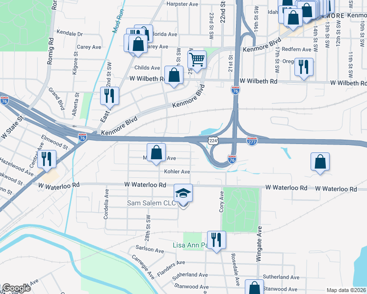 map of restaurants, bars, coffee shops, grocery stores, and more near 1150 Welsh Avenue in Akron