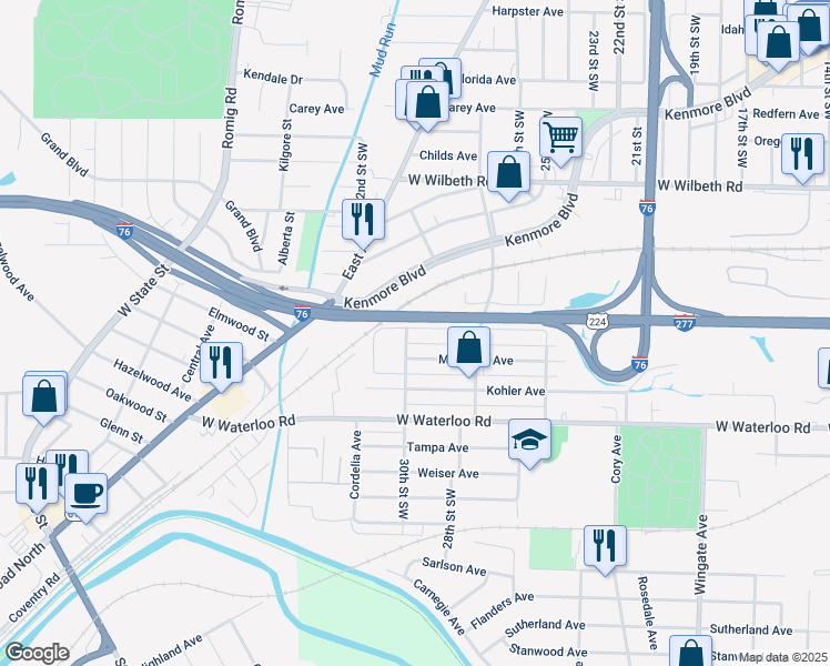 map of restaurants, bars, coffee shops, grocery stores, and more near 1274 Welsh Avenue in Akron