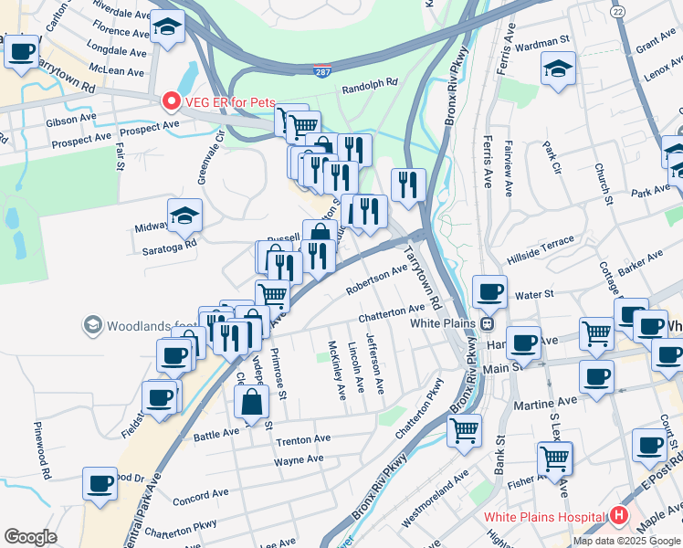 map of restaurants, bars, coffee shops, grocery stores, and more near 257 Central Avenue in White Plains