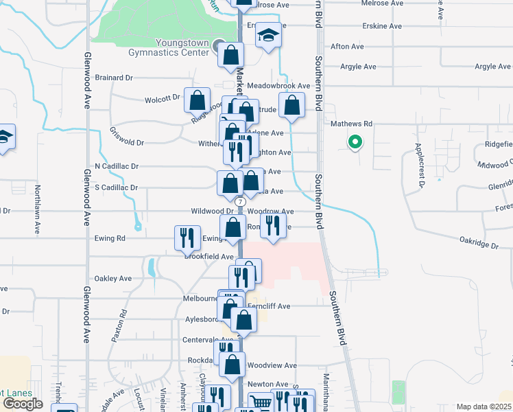 map of restaurants, bars, coffee shops, grocery stores, and more near 6209 Market Street in Boardman