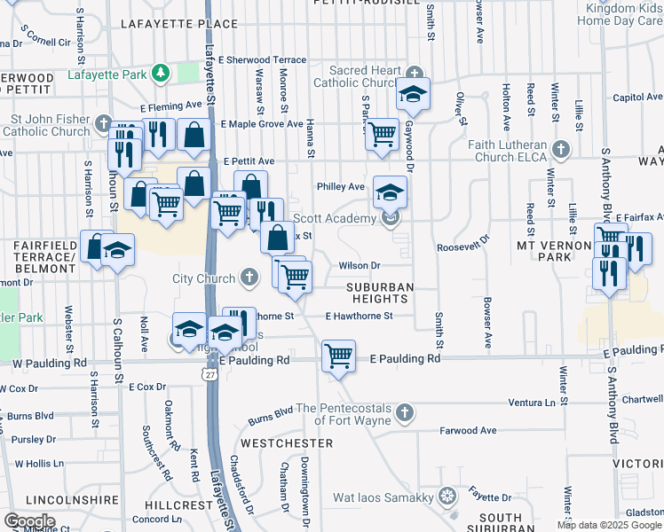 map of restaurants, bars, coffee shops, grocery stores, and more near 733 Wilson Drive in Fort Wayne