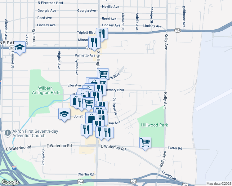 map of restaurants, bars, coffee shops, grocery stores, and more near 1321 Dahlgren Drive in Akron
