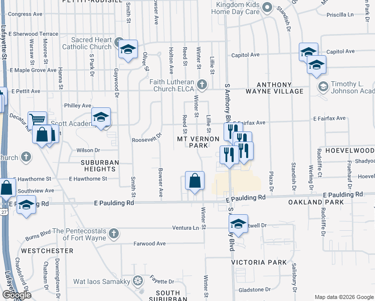 map of restaurants, bars, coffee shops, grocery stores, and more near 1510 Roosevelt Drive in Fort Wayne
