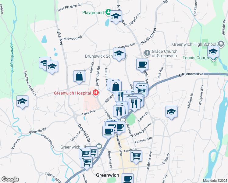 map of restaurants, bars, coffee shops, grocery stores, and more near 19 Division Street in Greenwich
