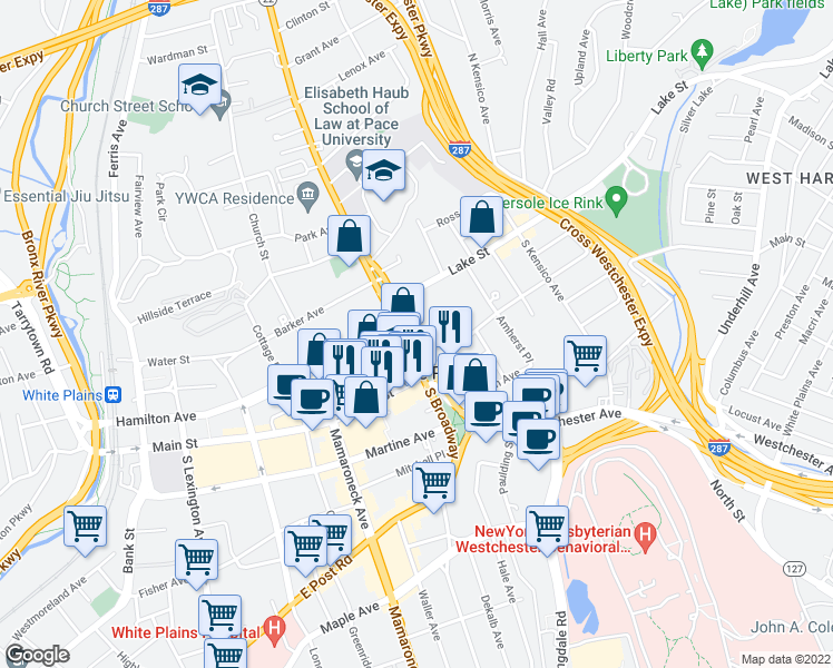 map of restaurants, bars, coffee shops, grocery stores, and more near 7 North Broadway in White Plains