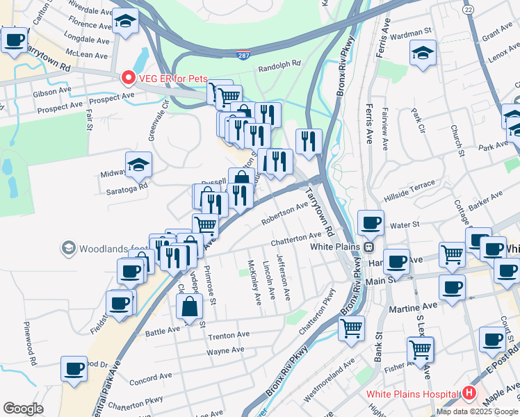 map of restaurants, bars, coffee shops, grocery stores, and more near 257 Central Avenue in White Plains