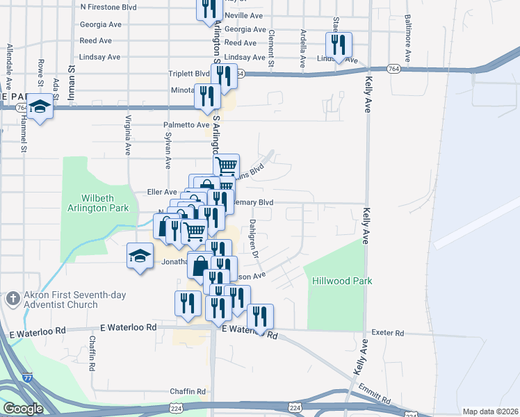 map of restaurants, bars, coffee shops, grocery stores, and more near 1300 Dahlgren Drive in Akron