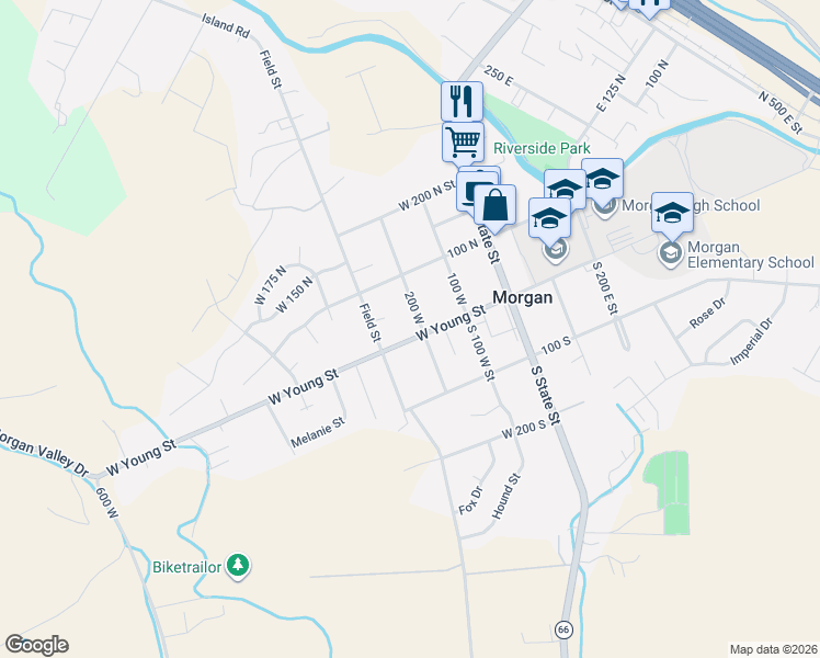 map of restaurants, bars, coffee shops, grocery stores, and more near 230 West Young Street in Morgan