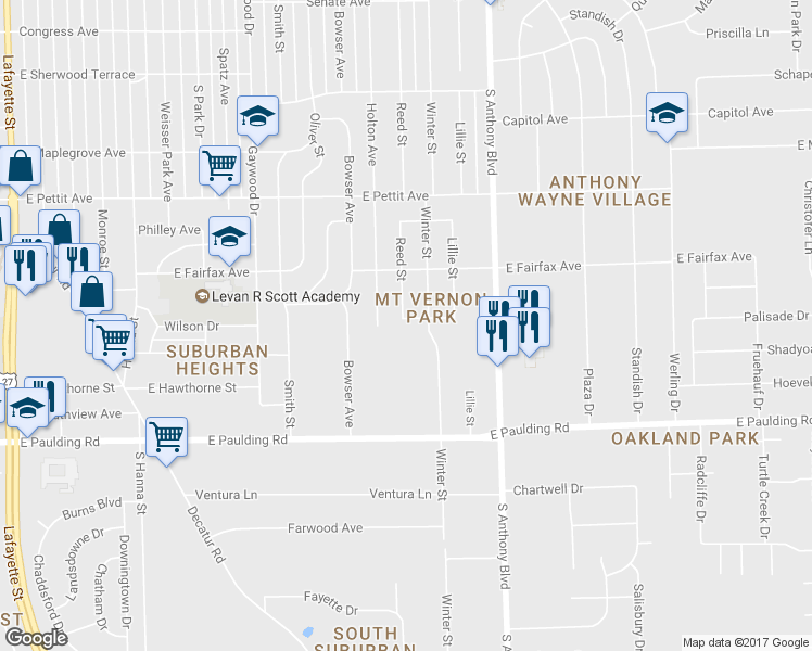 map of restaurants, bars, coffee shops, grocery stores, and more near 1510 Roosevelt Drive in Fort Wayne