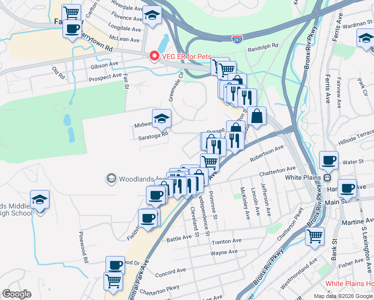 map of restaurants, bars, coffee shops, grocery stores, and more near 18 Teillaud Street in White Plains