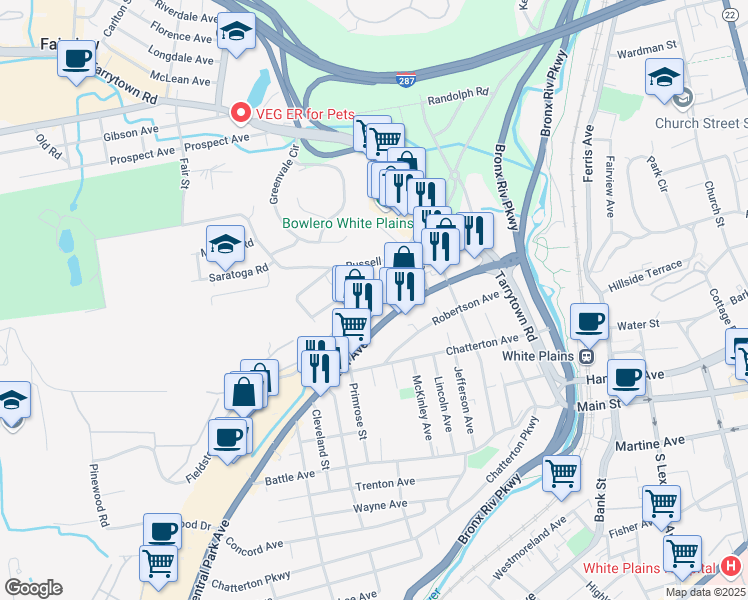 map of restaurants, bars, coffee shops, grocery stores, and more near 99 Fulton Street in White Plains