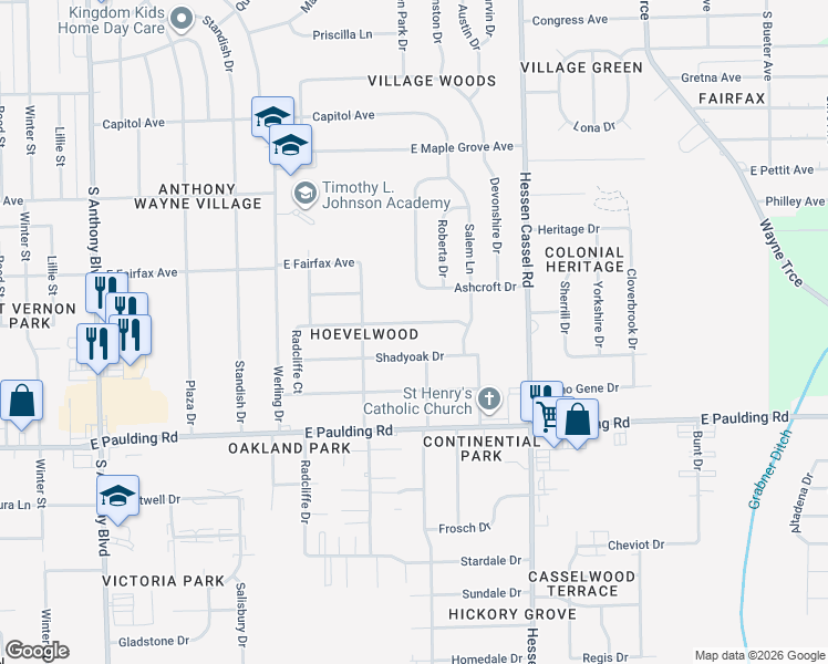 map of restaurants, bars, coffee shops, grocery stores, and more near 2715 Palisade Drive in Fort Wayne