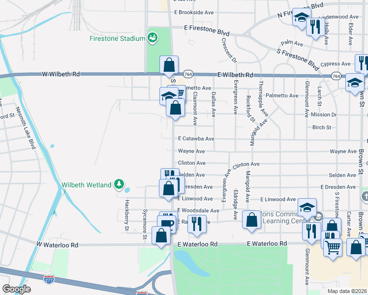 map of restaurants, bars, coffee shops, grocery stores, and more near 1883 South Main Street in Akron