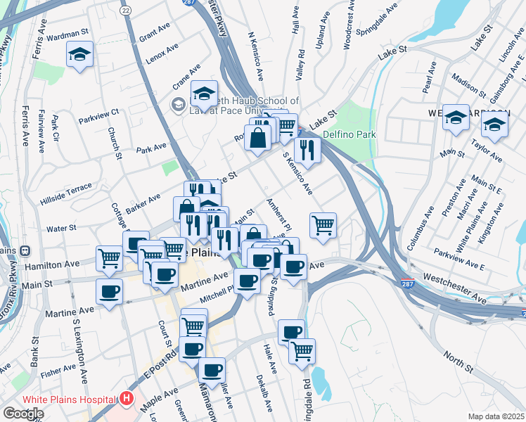 map of restaurants, bars, coffee shops, grocery stores, and more near 2 Windsor Terrace in White Plains