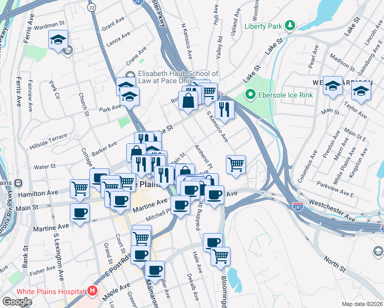 map of restaurants, bars, coffee shops, grocery stores, and more near 2 Windsor Terrace in White Plains