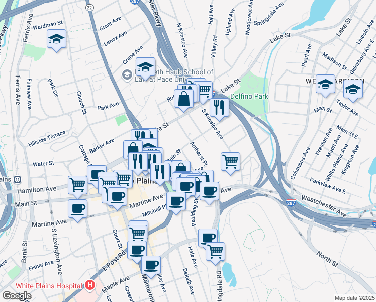 map of restaurants, bars, coffee shops, grocery stores, and more near 345 Main Street in White Plains