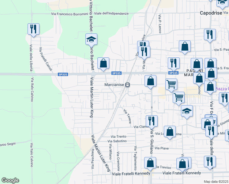 map of restaurants, bars, coffee shops, grocery stores, and more near 17 Via Enrico Toti in Marcianise