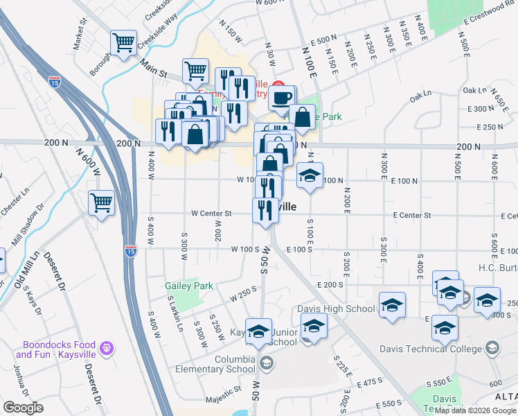 map of restaurants, bars, coffee shops, grocery stores, and more near 42 West Center Street in Kaysville