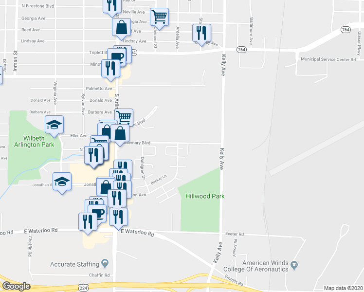 map of restaurants, bars, coffee shops, grocery stores, and more near 1155 Cairo Place in Akron
