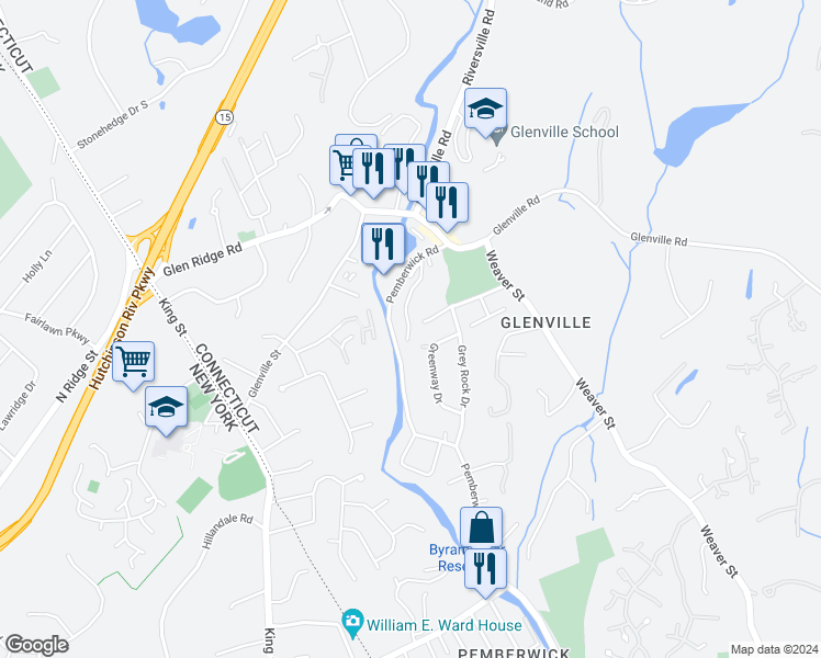 map of restaurants, bars, coffee shops, grocery stores, and more near 27 Hawthorne Street North in Greenwich