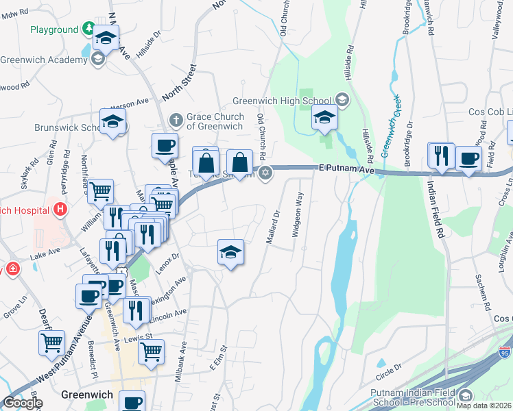map of restaurants, bars, coffee shops, grocery stores, and more near 5 Putnam Hill Road in Greenwich