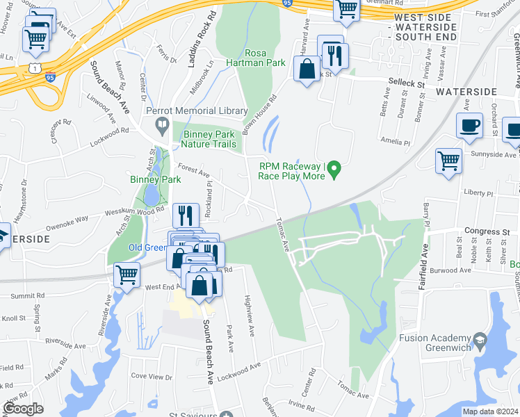 map of restaurants, bars, coffee shops, grocery stores, and more near 51 Forest Avenue in Greenwich
