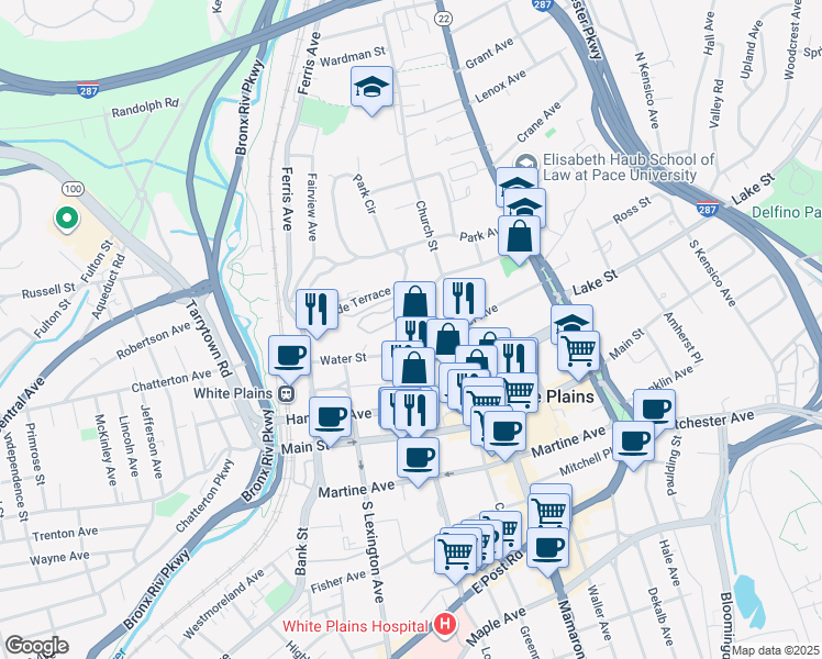 map of restaurants, bars, coffee shops, grocery stores, and more near 12 Cottage Place in White Plains