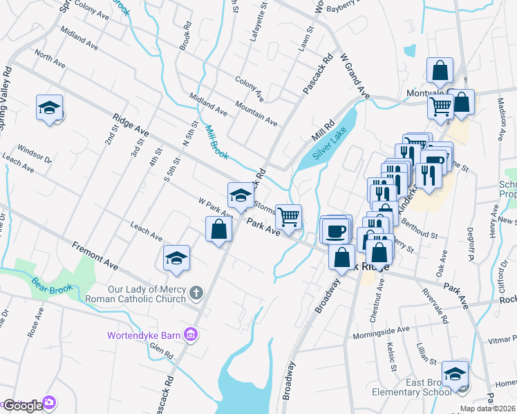map of restaurants, bars, coffee shops, grocery stores, and more near 121A Pascack Road in Park Ridge