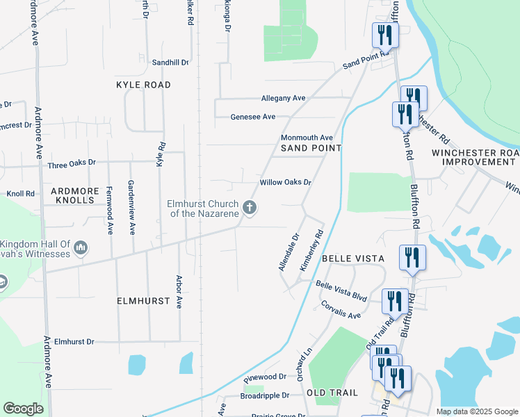 map of restaurants, bars, coffee shops, grocery stores, and more near 2927 Sand Point Rd in Fort Wayne